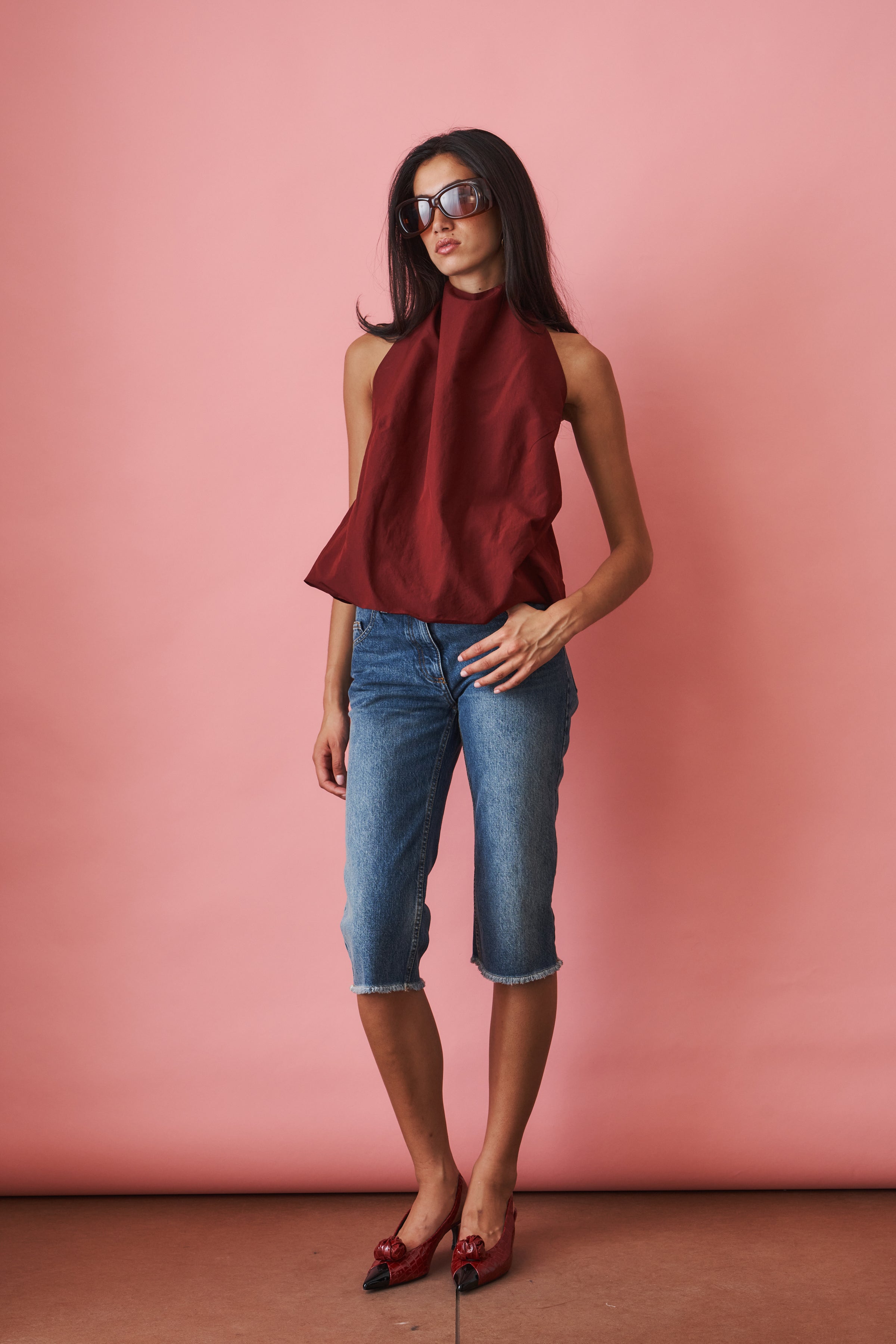 Open Back Halterneck Top in Burgundy