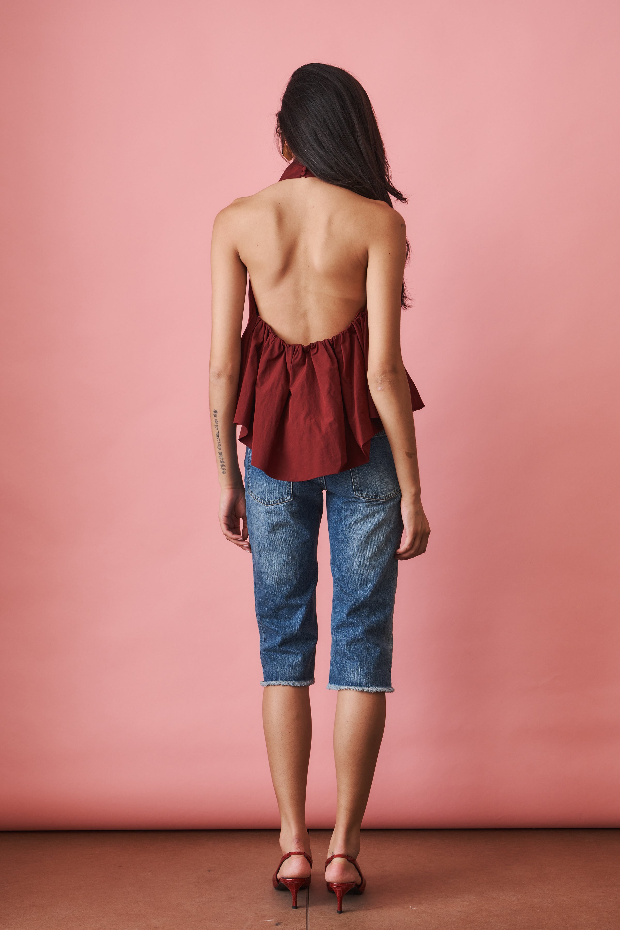 Open Back Halterneck Top in Burgundy