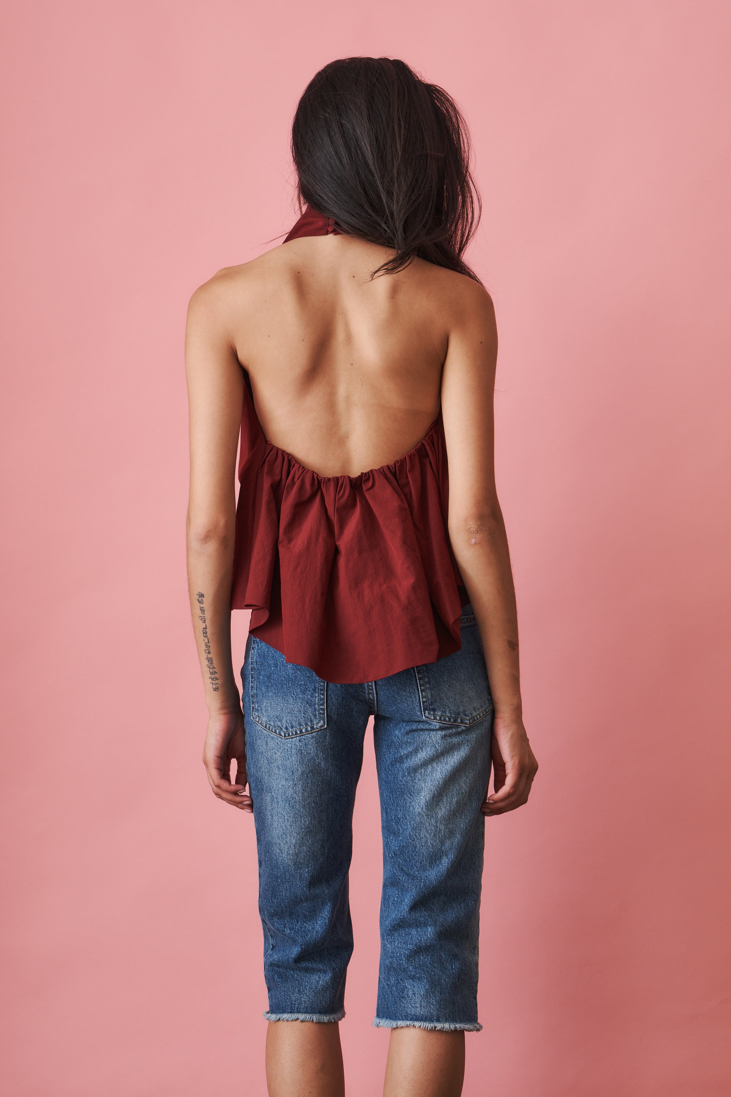 Open Back Halterneck Top in Burgundy