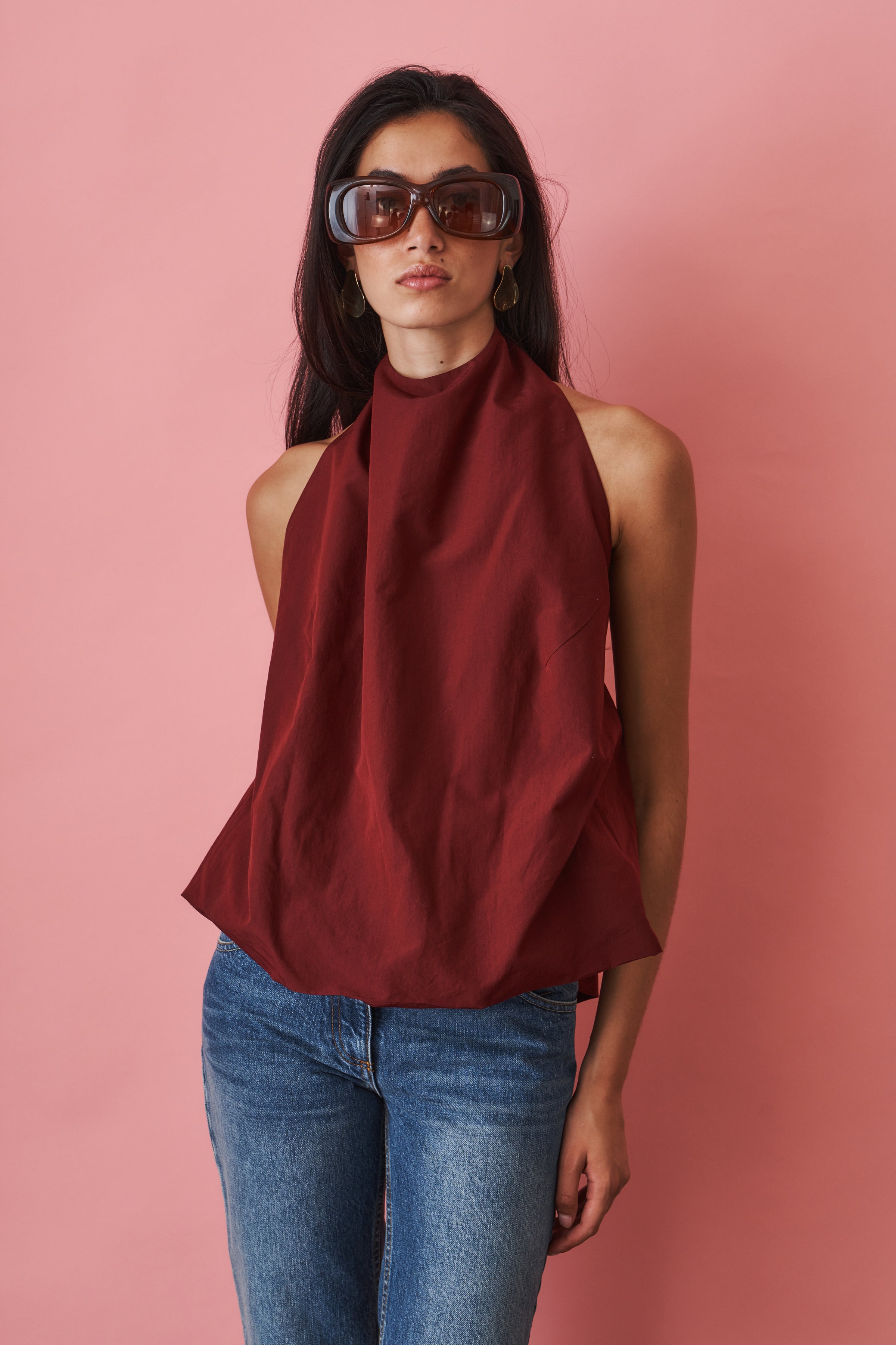 Open Back Halterneck Top in Burgundy