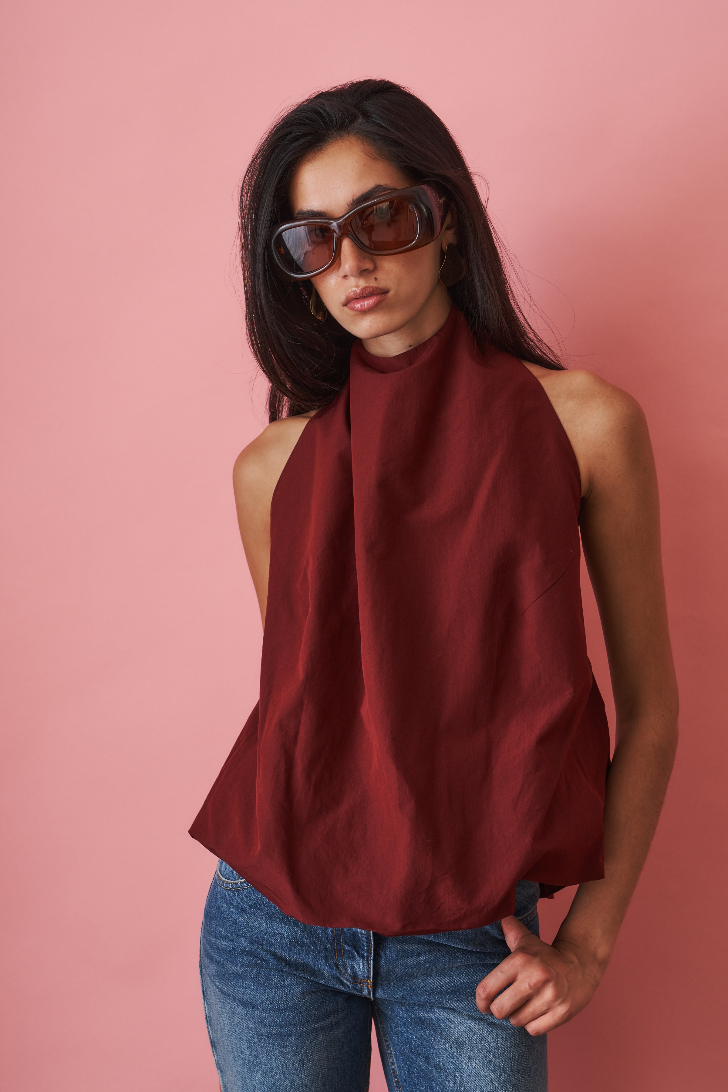 Open Back Halterneck Top in Burgundy