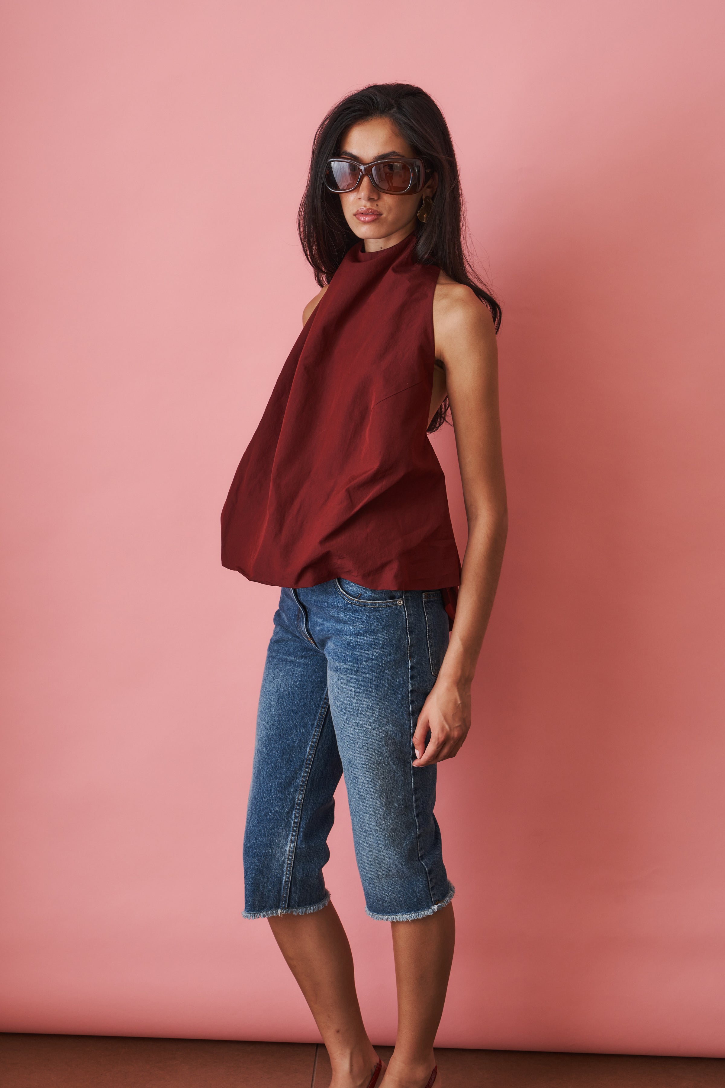 Open Back Halterneck Top in Burgundy
