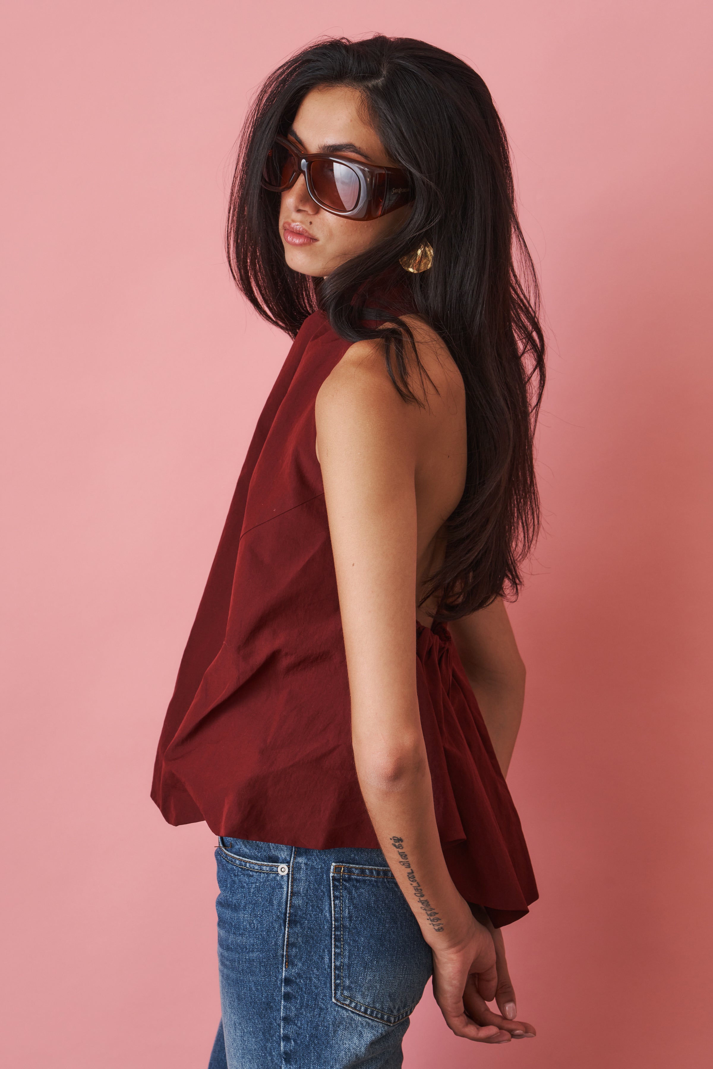 Open Back Halterneck Top in Burgundy
