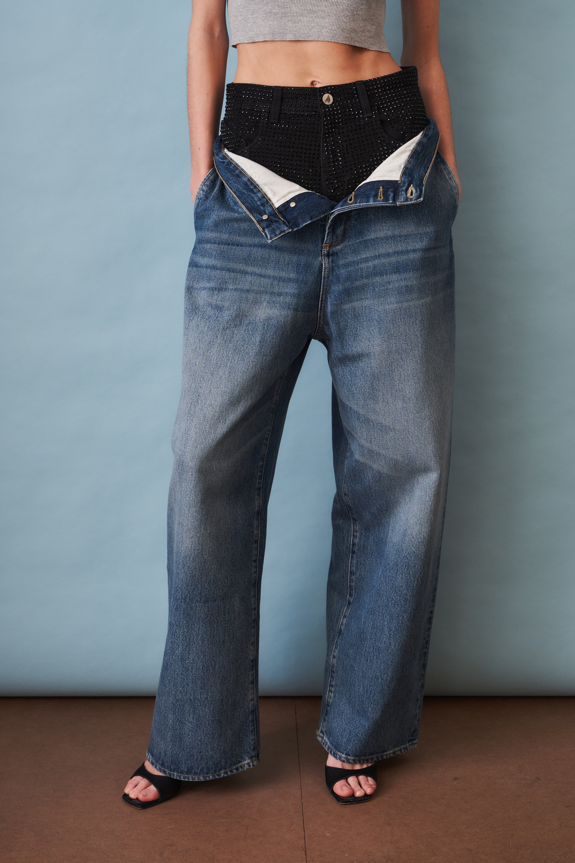 Wide-Leg Jean with Rhinestone Short