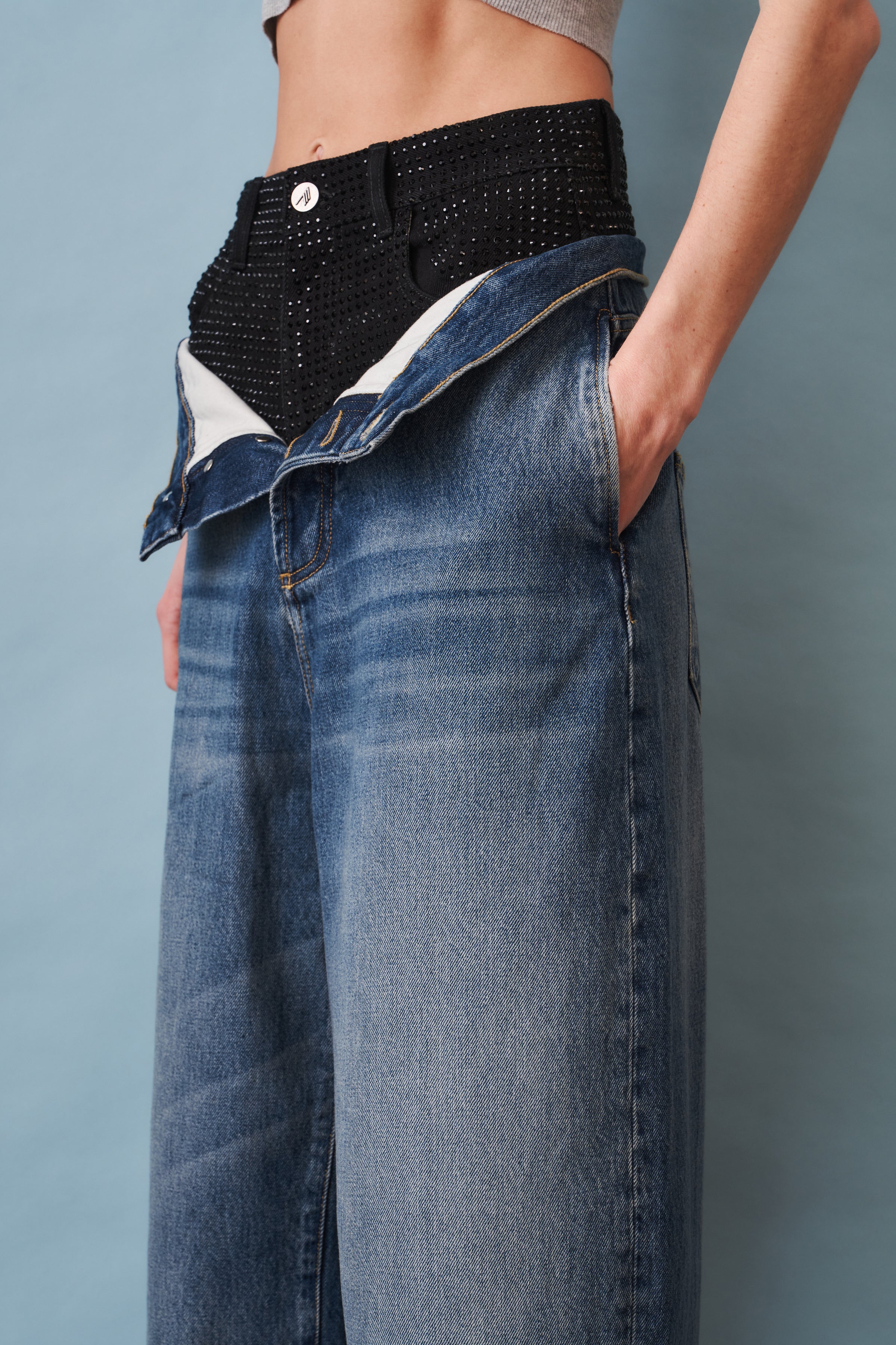 Wide-Leg Jean with Rhinestone Short