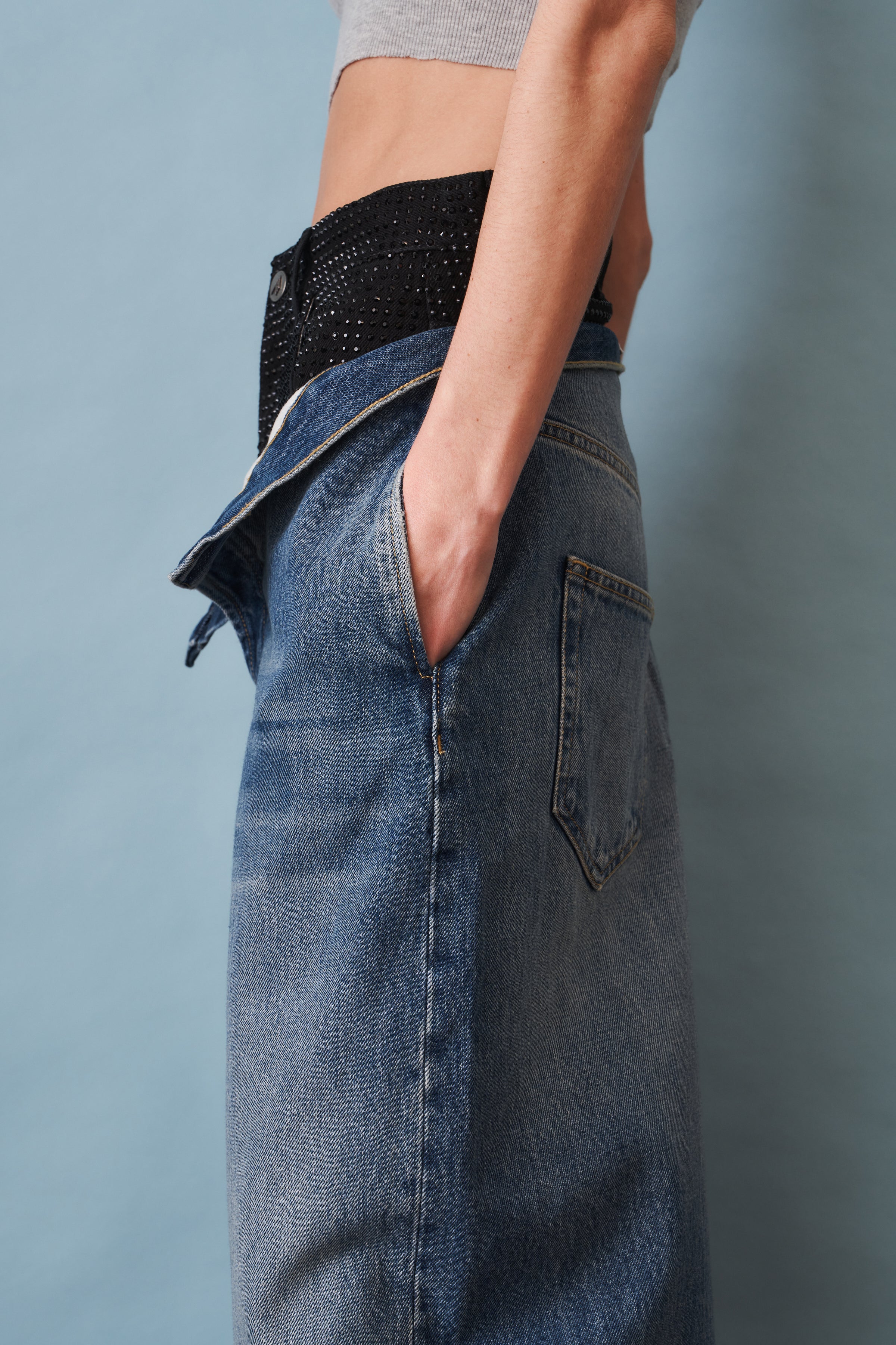 Wide-Leg Jean with Rhinestone Short