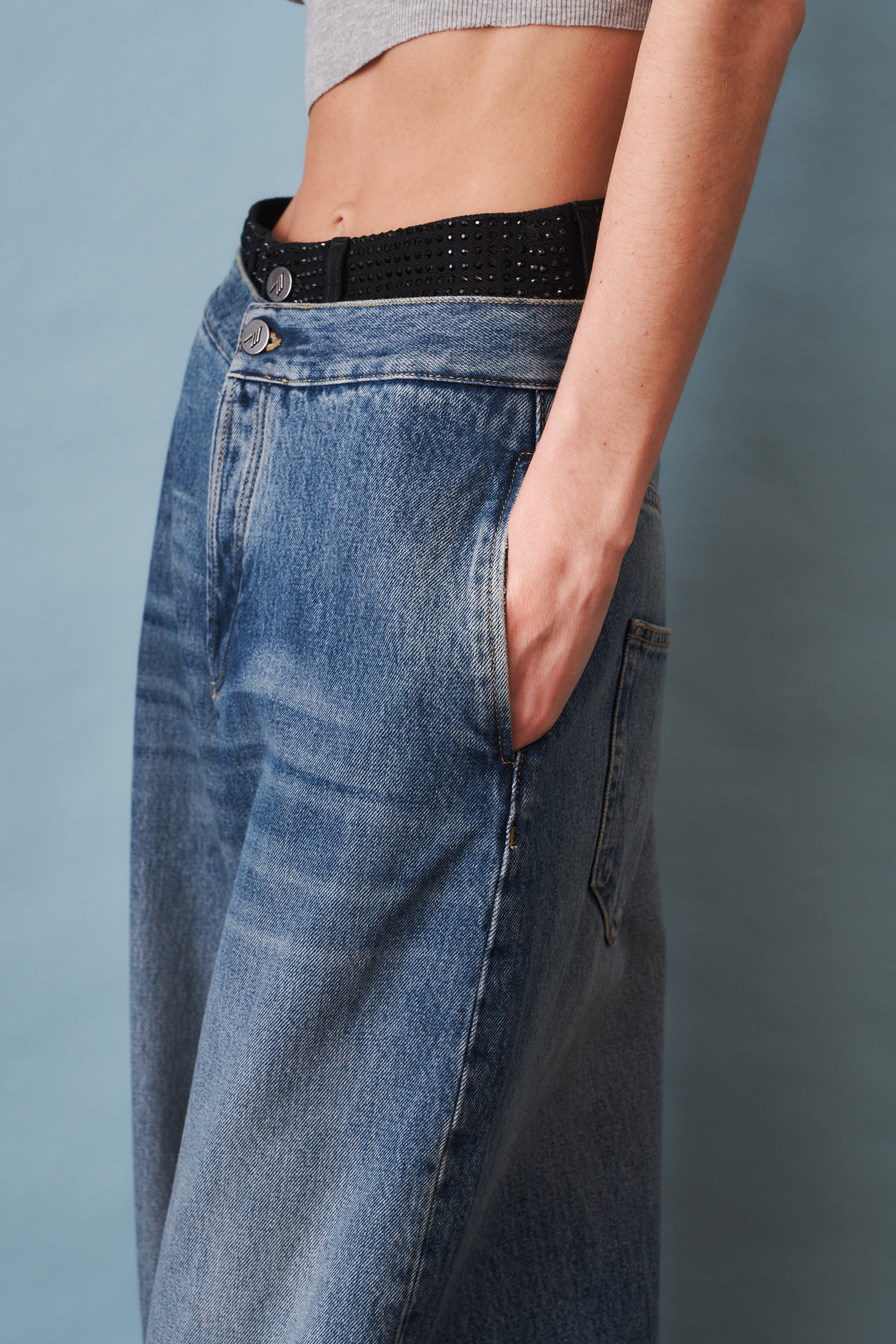 Wide-Leg Jean with Rhinestone Short