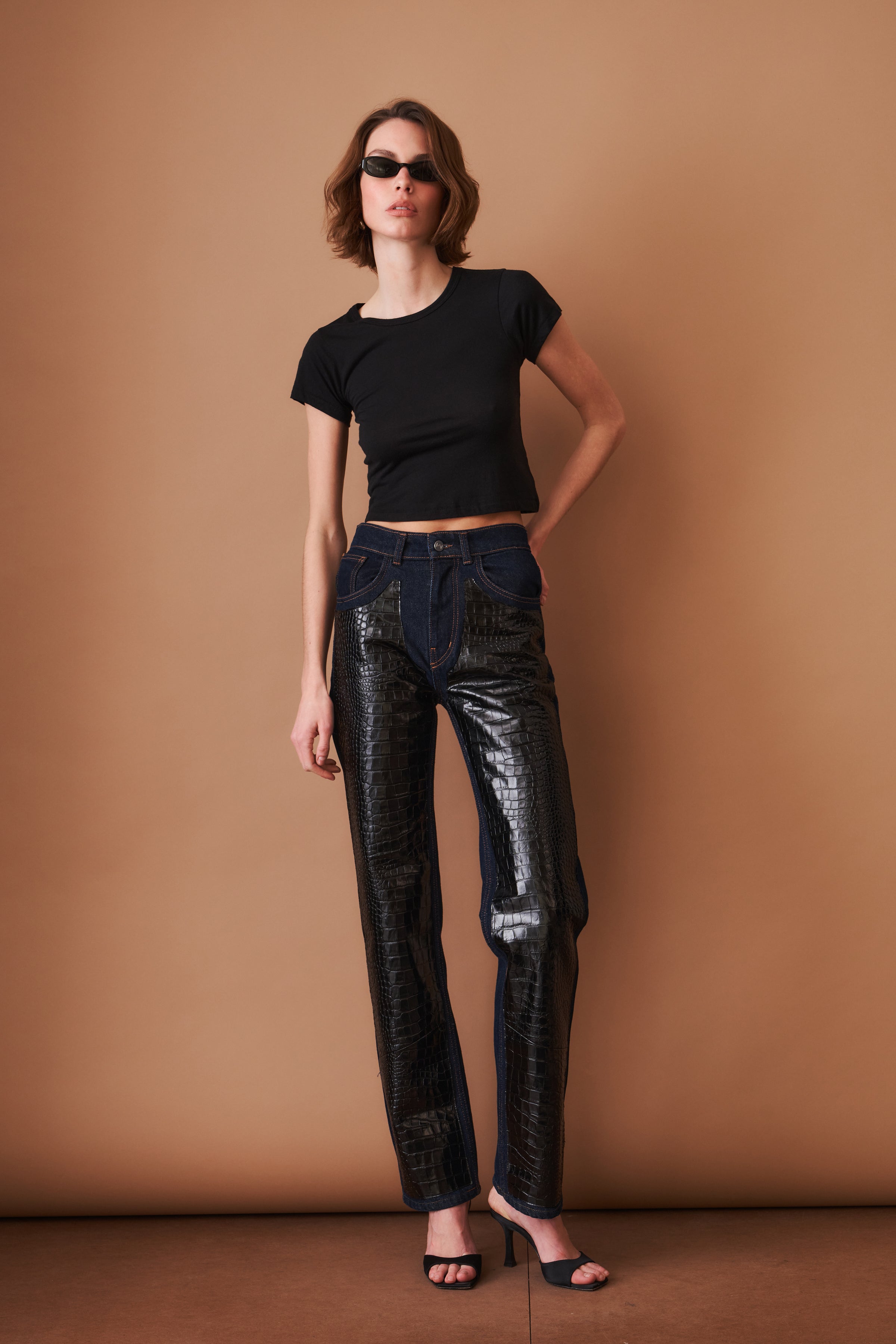 Leather-Trim Denim Pants