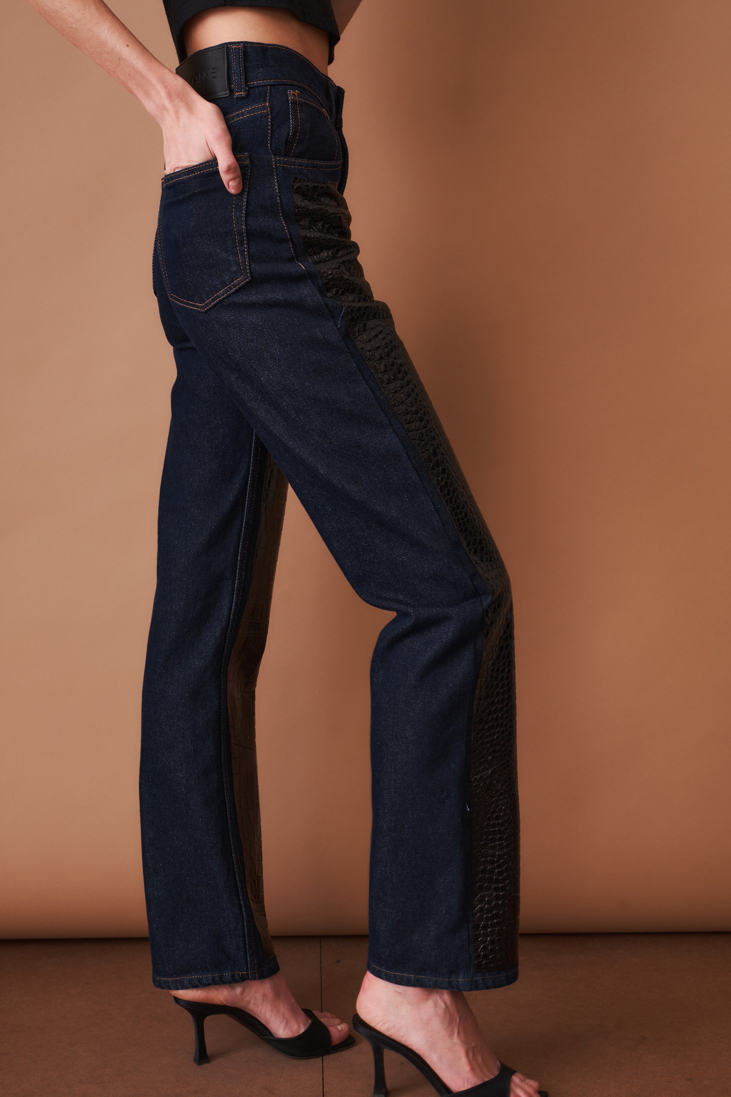 Leather-Trim Denim Pants