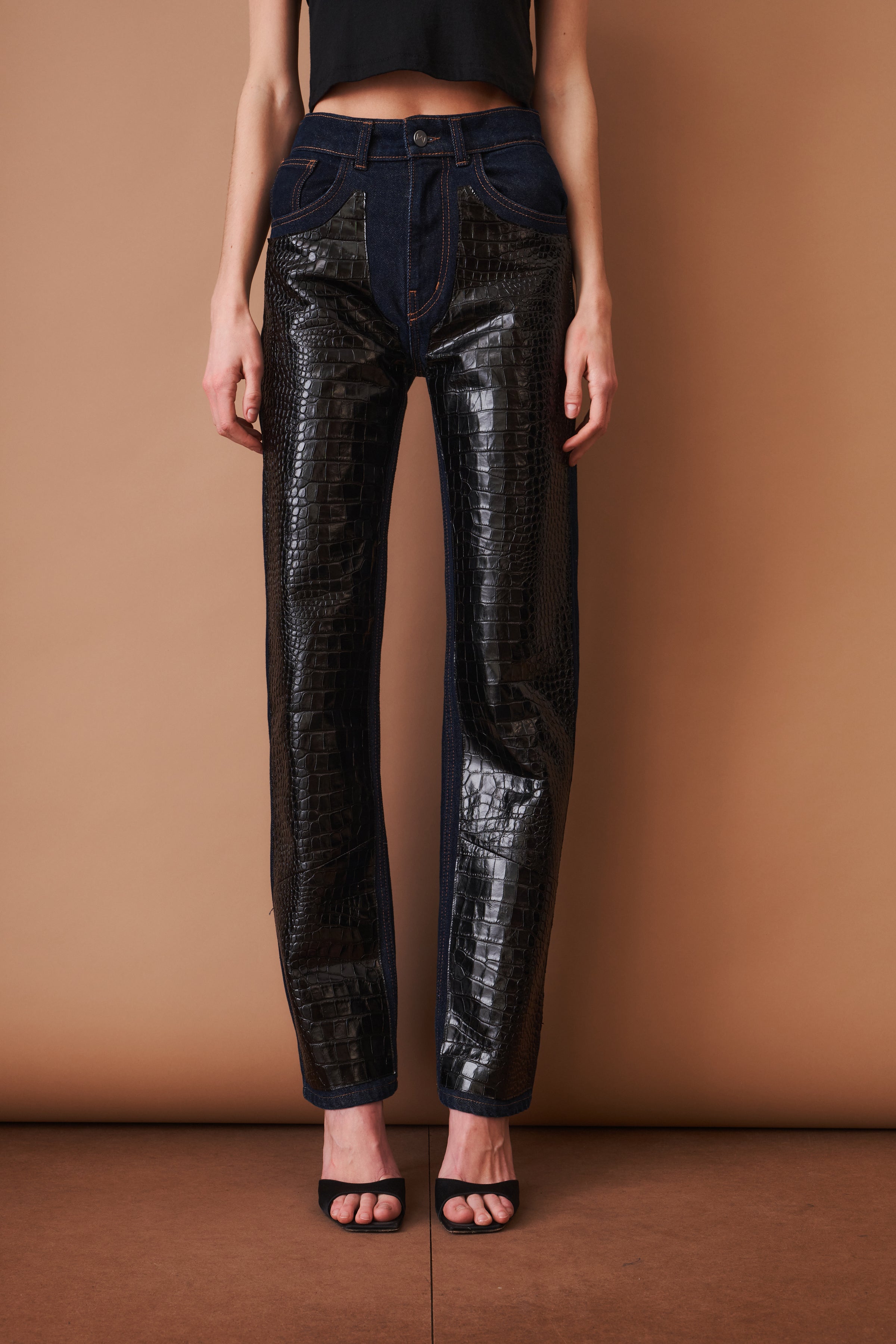 Leather-Trim Denim Pants
