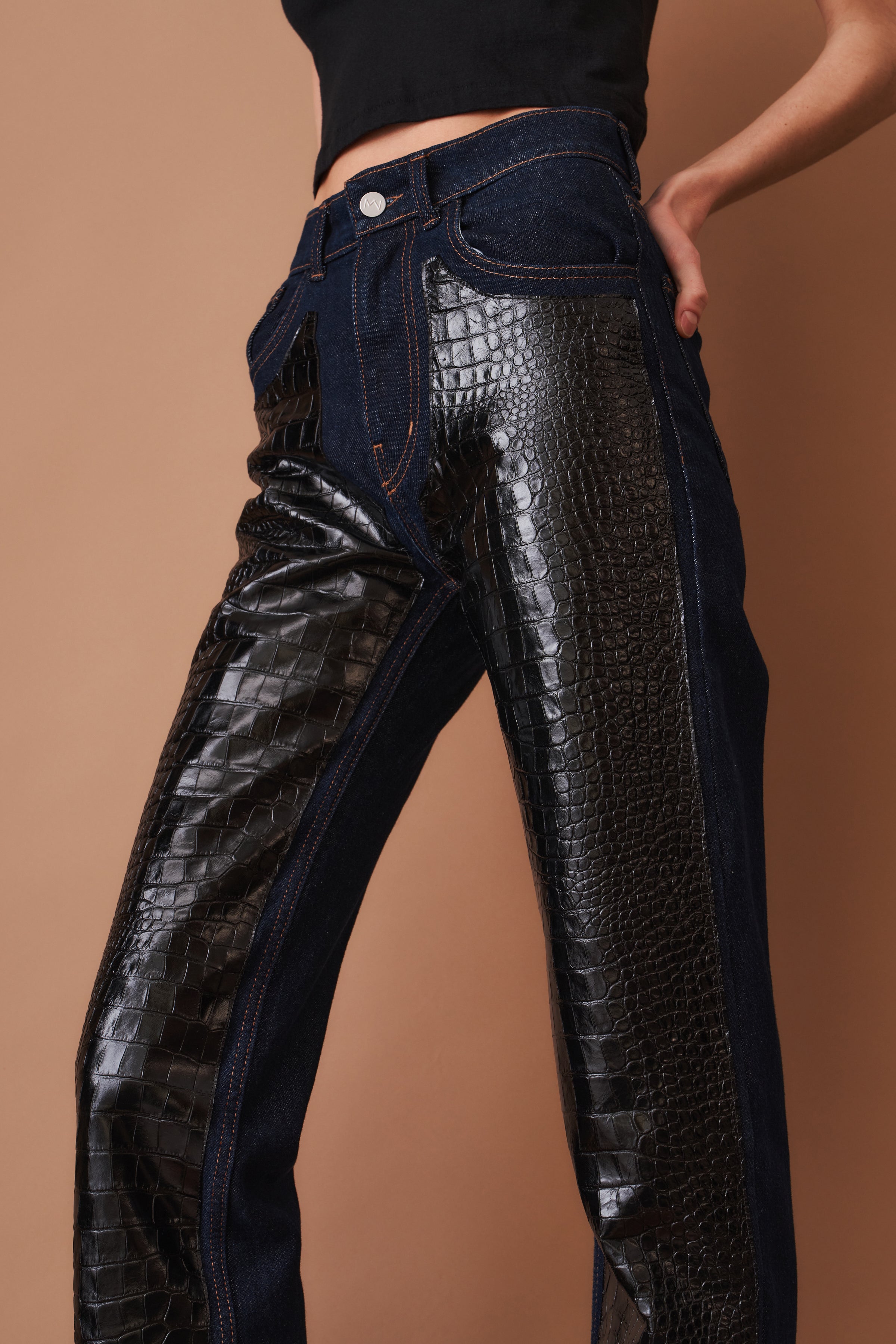 Leather-Trim Denim Pants