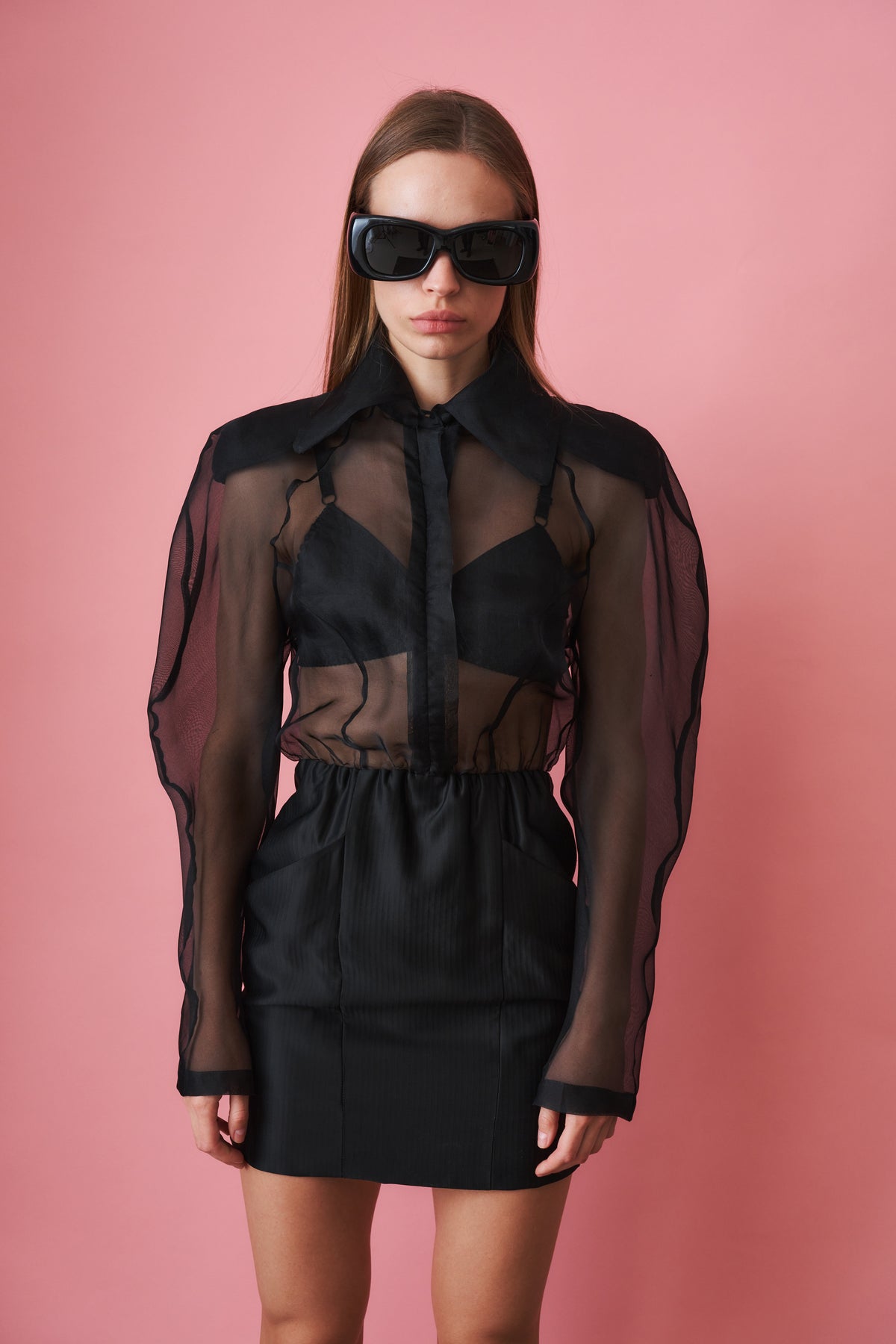 Organdin Transparent Mini Dress Black