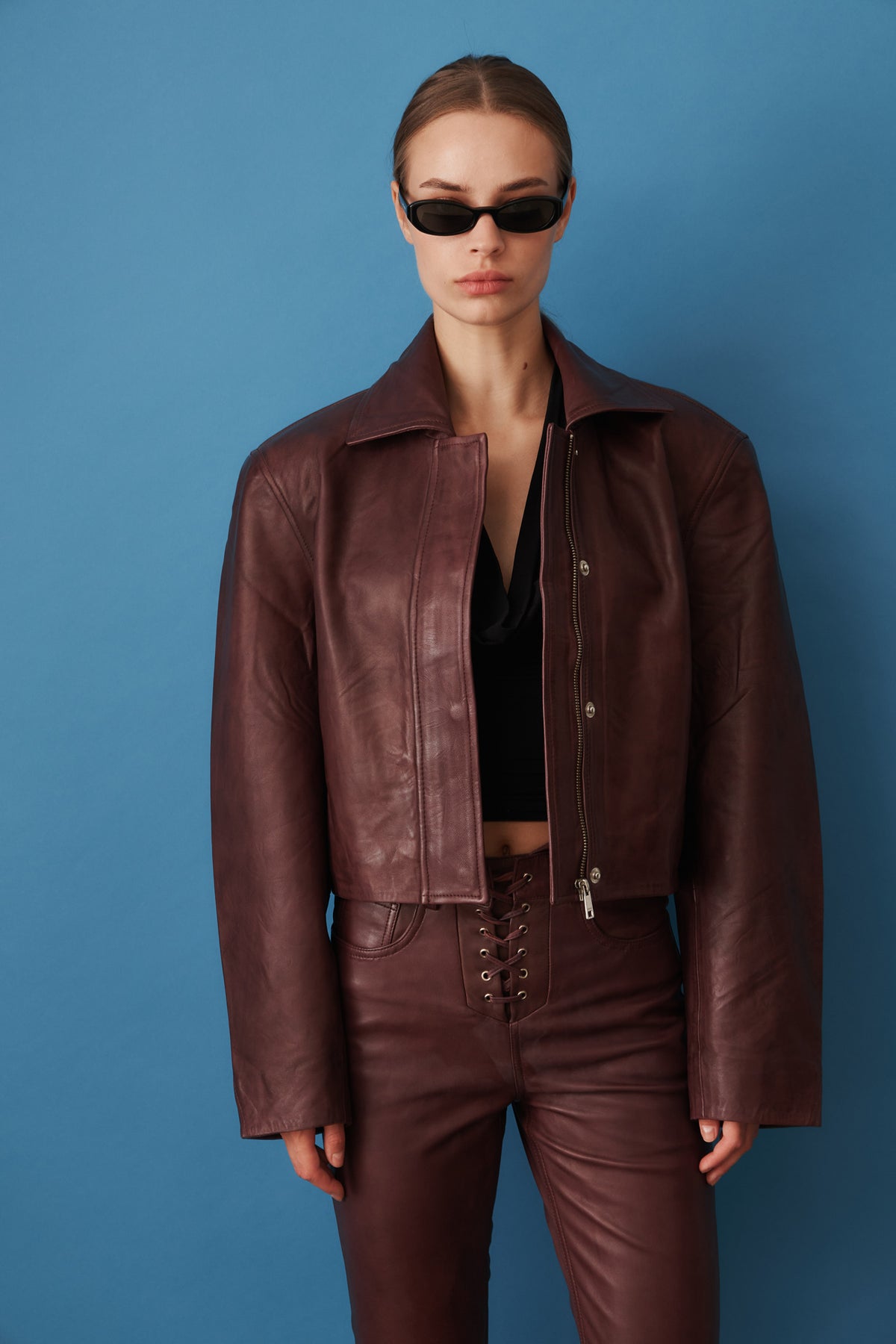 Boxy Square Leather Jacket Mahogany - DÉSORDRE