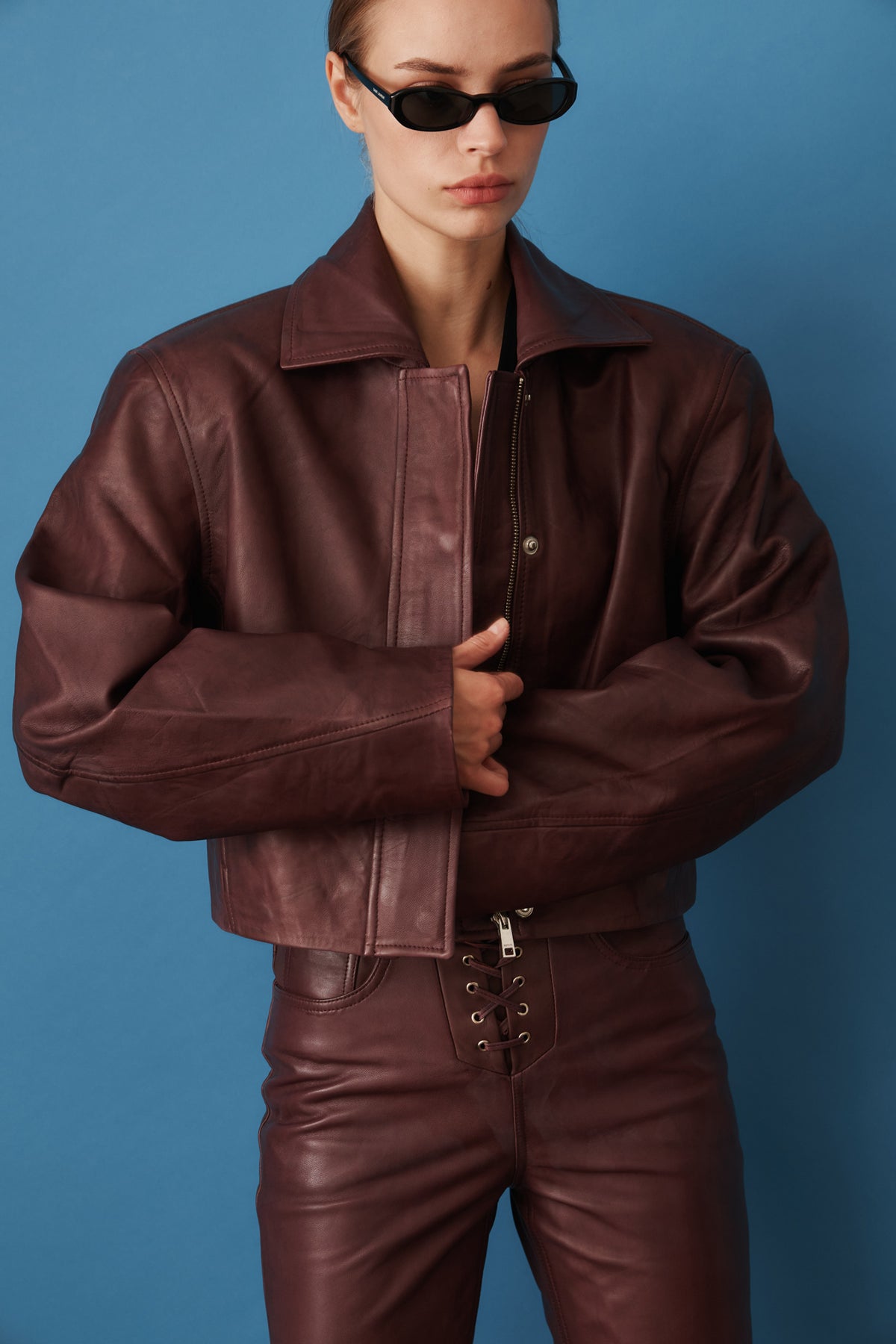 Boxy Square Leather Jacket Mahogany - DÉSORDRE