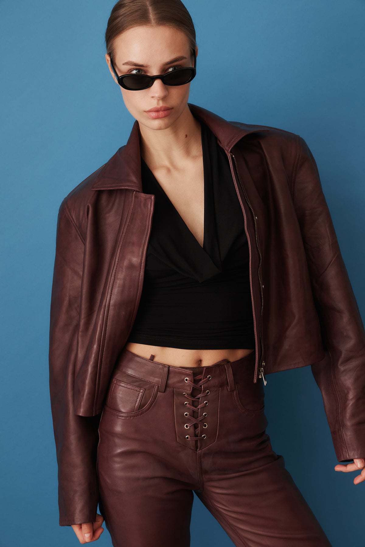 Boxy Square Leather Jacket Mahogany - DÉSORDRE