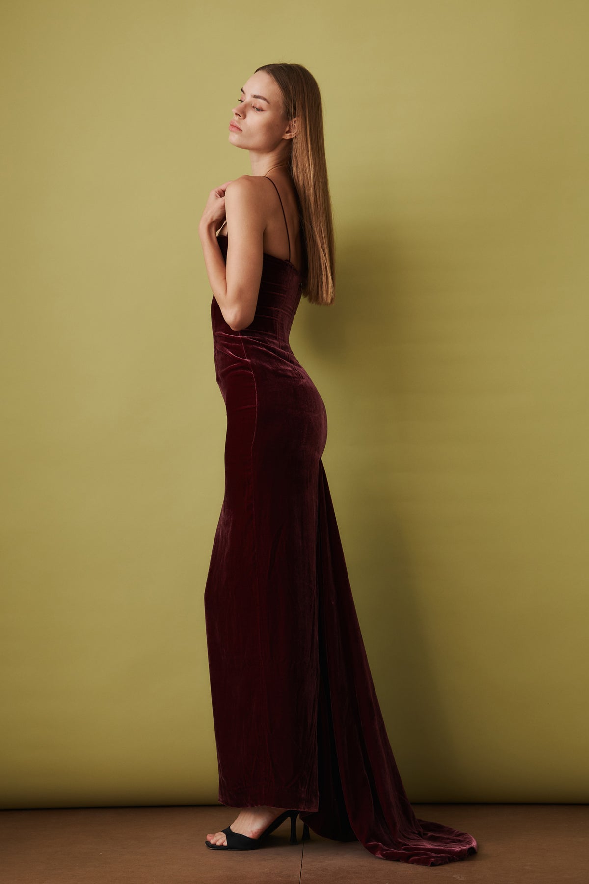 Silk Velvet Strap Dress Dark Red