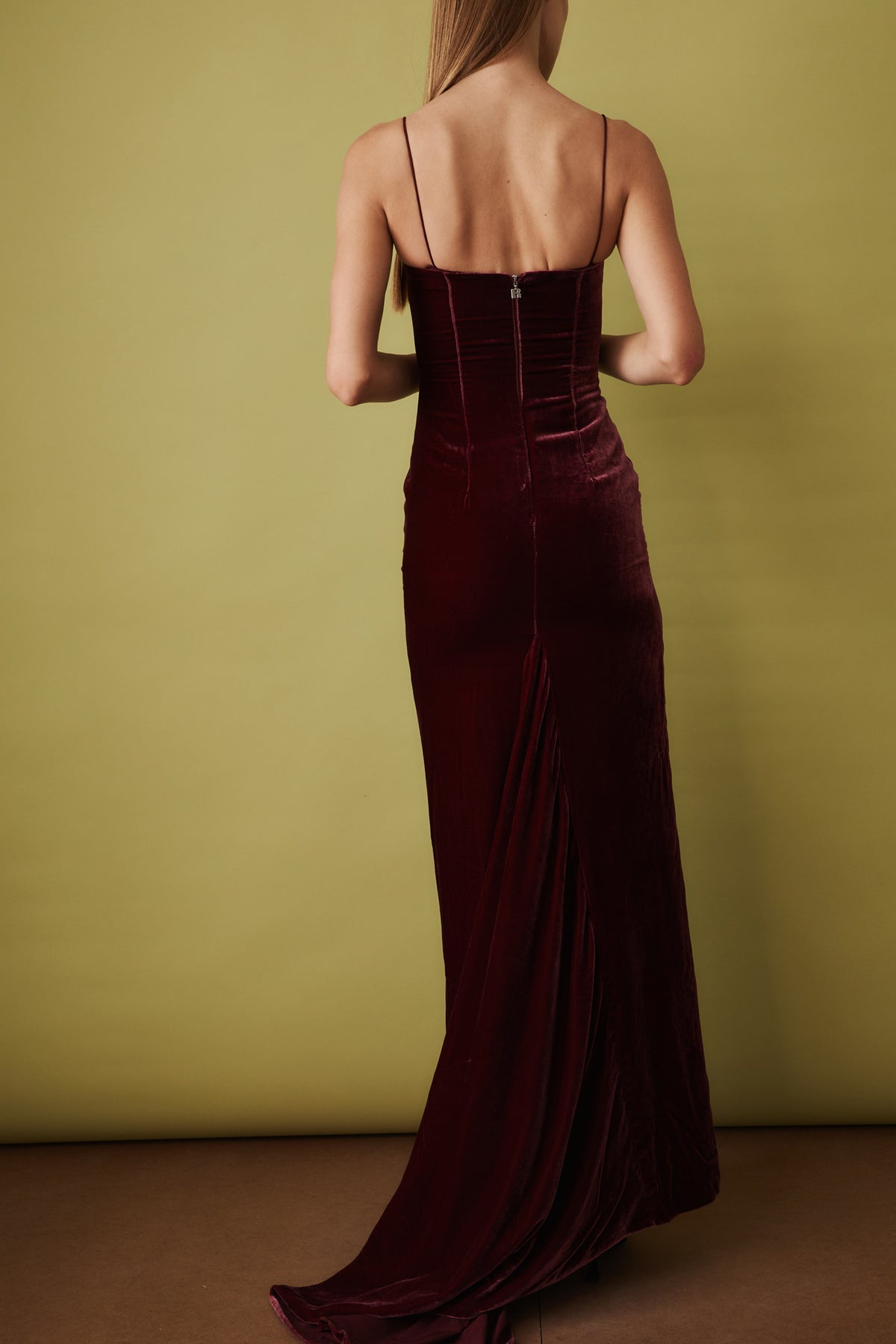 Silk Velvet Strap Dress Dark Red