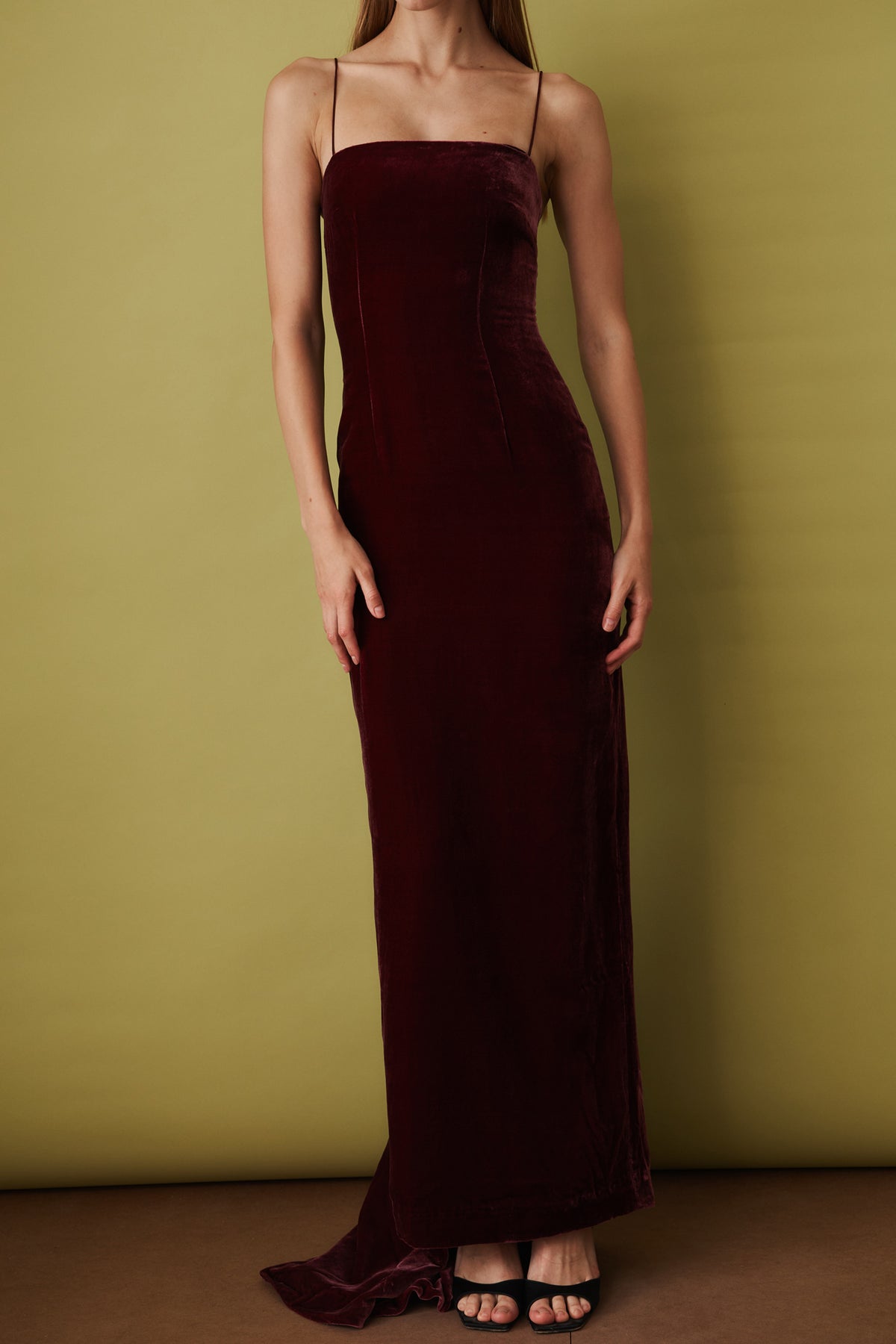 Silk Velvet Strap Dress Dark Red