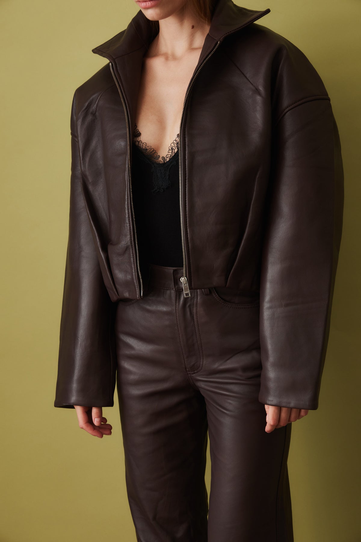 Bonded Leather Jacket Dark Brown - DÉSORDRE