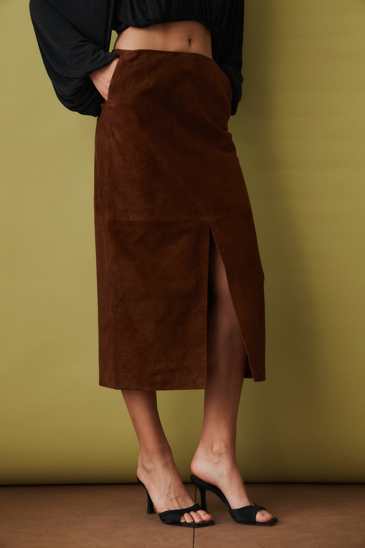 Suede Midi Pencil Skirt Dark Brown
