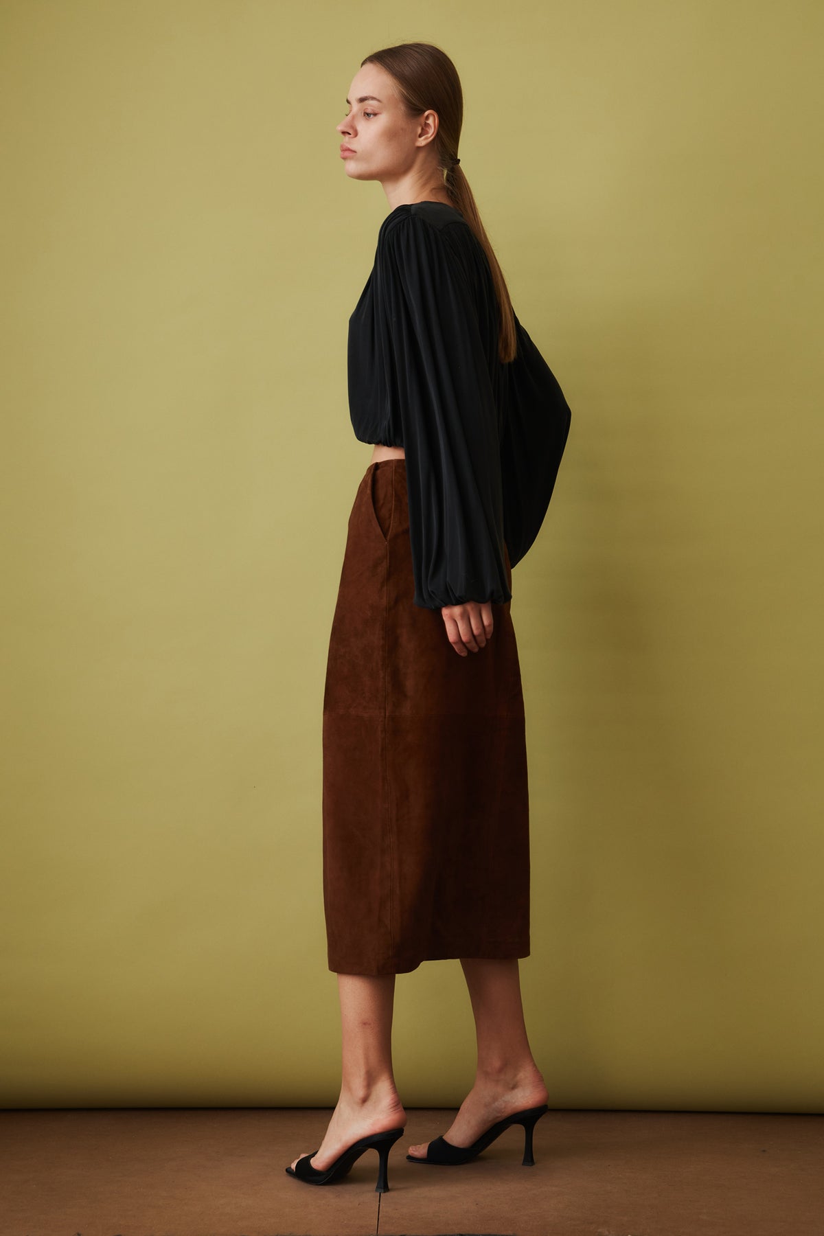 Suede Midi Pencil Skirt Dark Brown