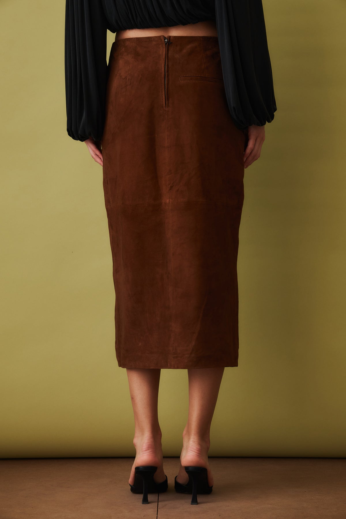 Suede Midi Pencil Skirt Dark Brown