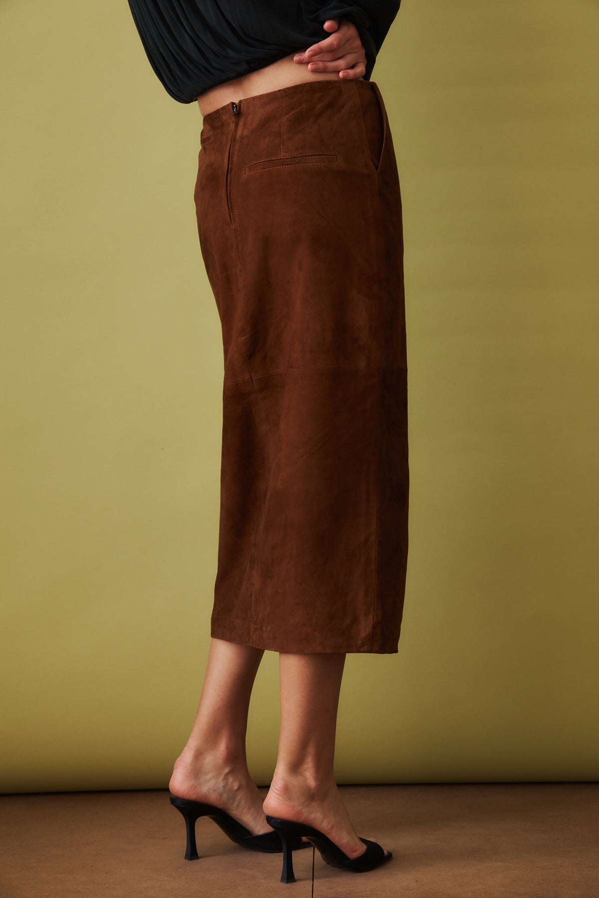 Suede Midi Pencil Skirt Dark Brown