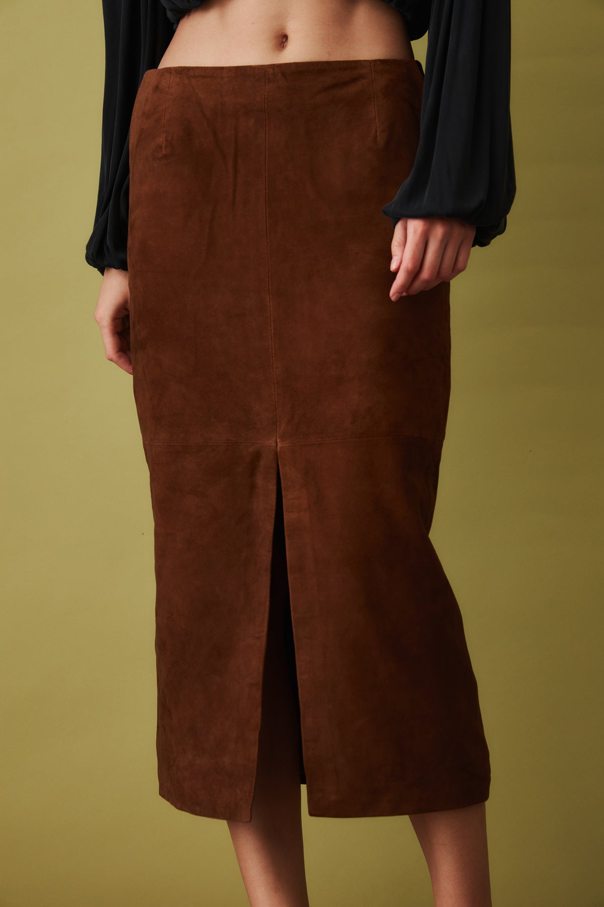 Suede Midi Pencil Skirt Dark Brown