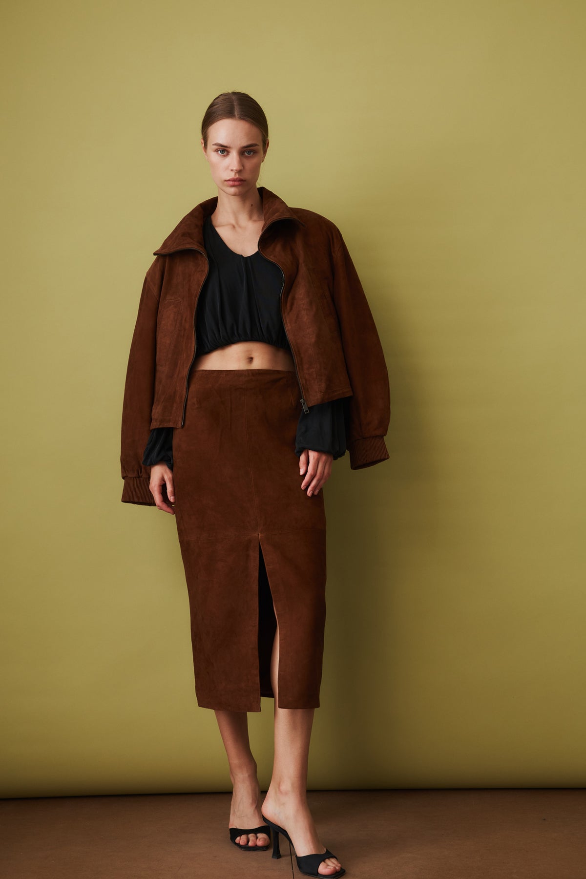 Suede Midi Pencil Skirt Dark Brown