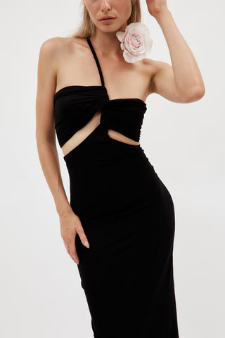 3D Rose Ruched Black Jersey Midi Dress - Désordre Boutique