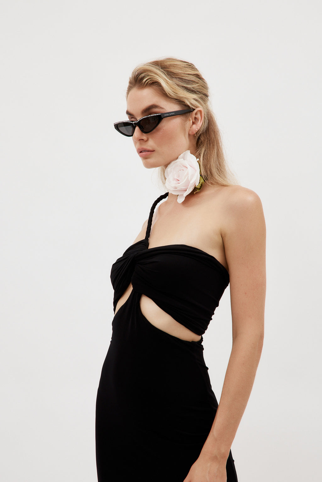 3D Rose Ruched Black Jersey Midi Dress - Désordre Boutique