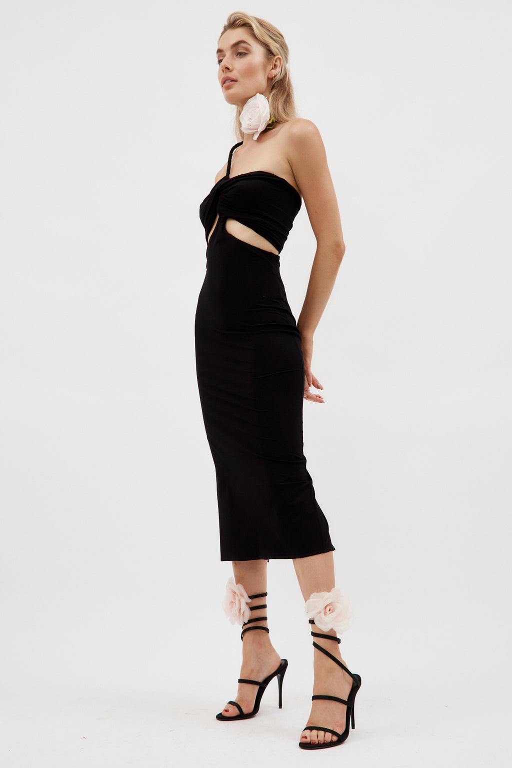 3D Rose Ruched Black Jersey Midi Dress - Désordre Boutique