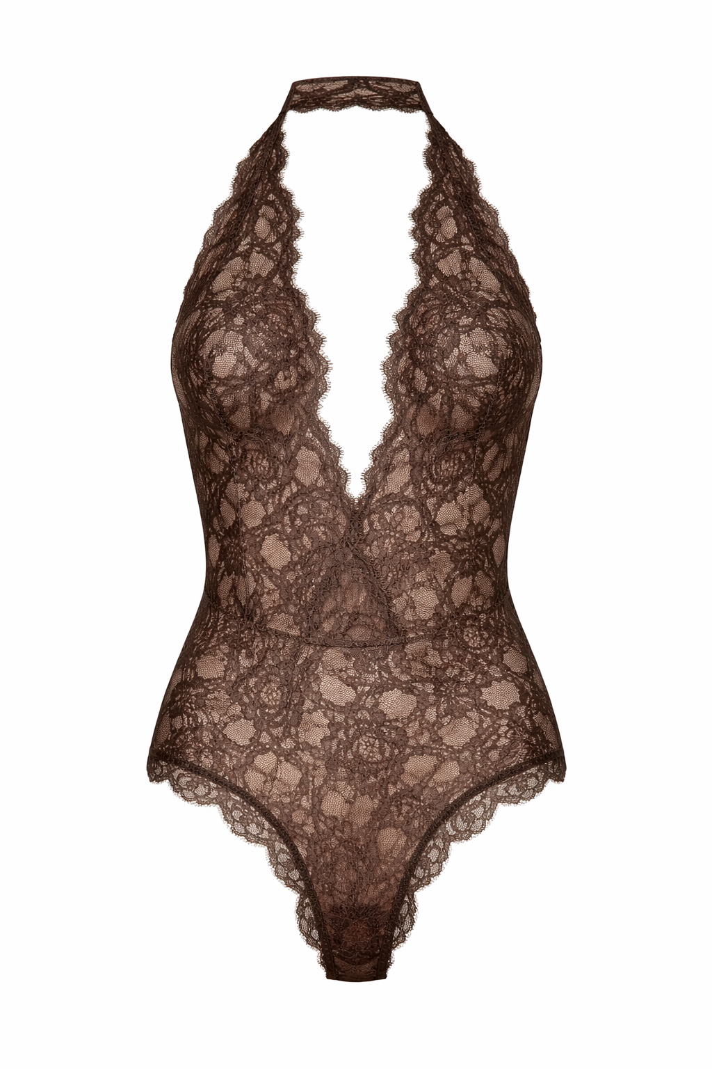 V Neck Bodysuit in Lace Brown