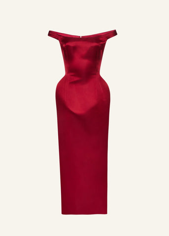 Off Shoulder Hip Pad Midi Bordeaux Dress
