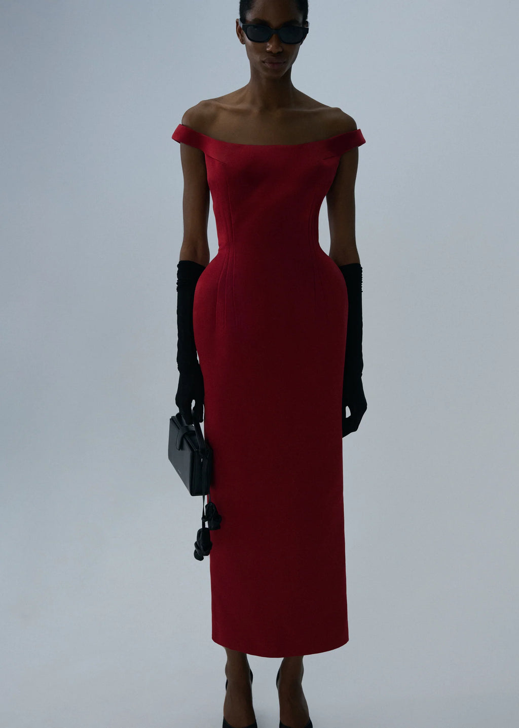 Off Shoulder Hip Pad Midi Bordeaux Dress