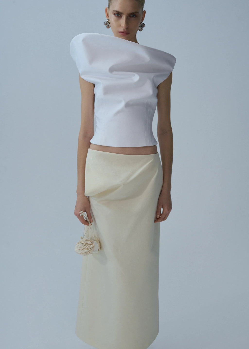 Silk Draped Midi Cream Skirt