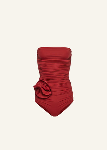 Flower Appliqué Strapless Draped Red Swimsuit