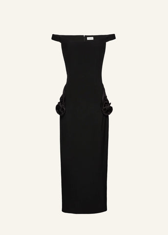 Off The Shoulder Floral Side Cut Out Midi Black Dress