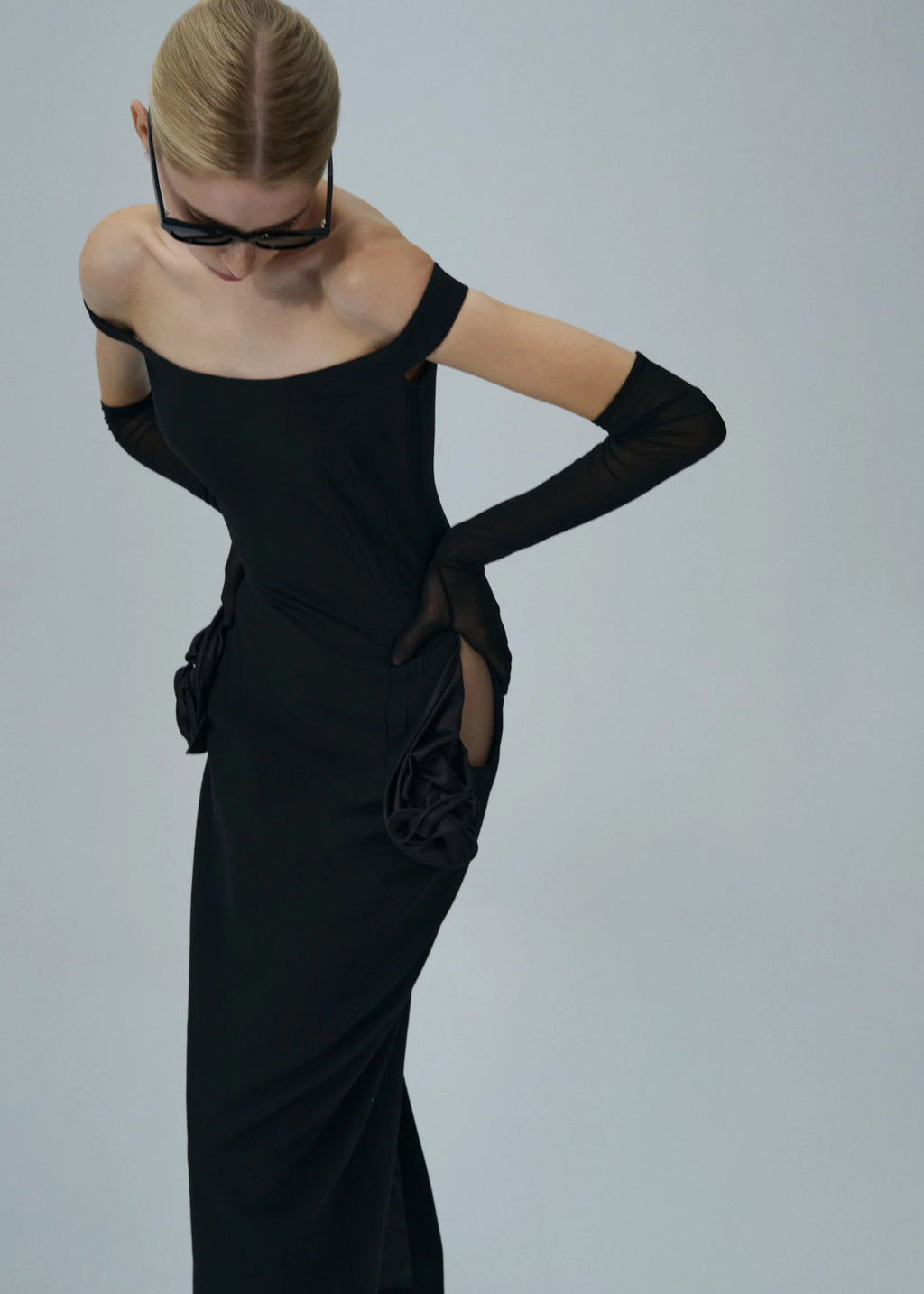 Off The Shoulder Floral Side Cut Out Midi Black Dress