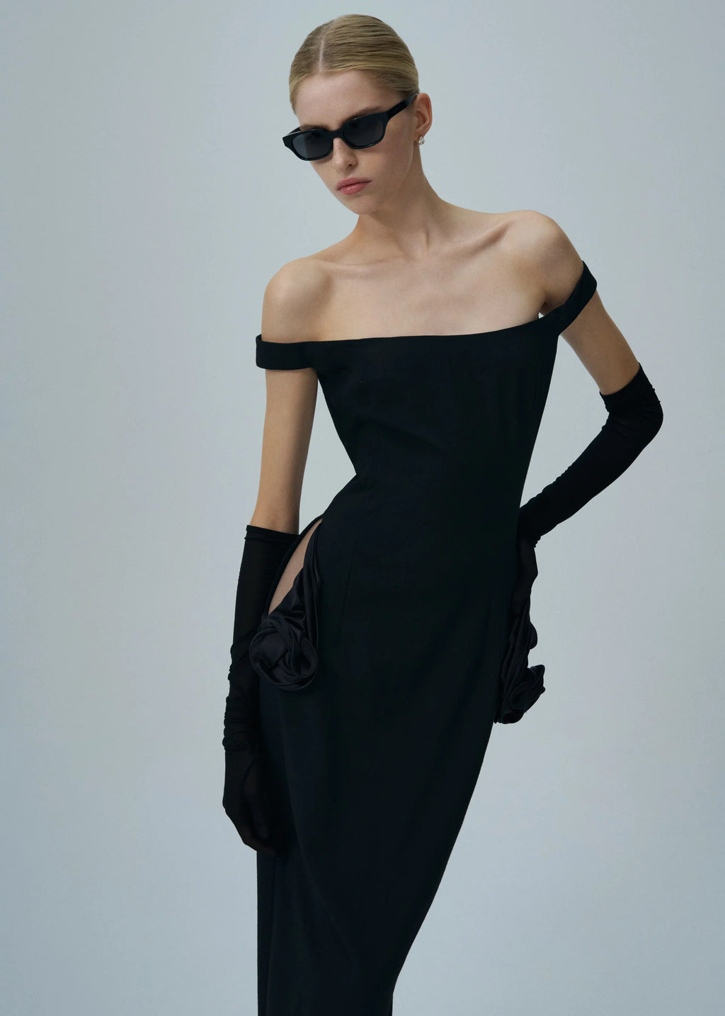 Off The Shoulder Floral Side Cut Out Midi Black Dress