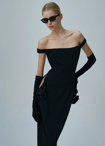 Off The Shoulder Floral Side Cut Out Midi Black Dress