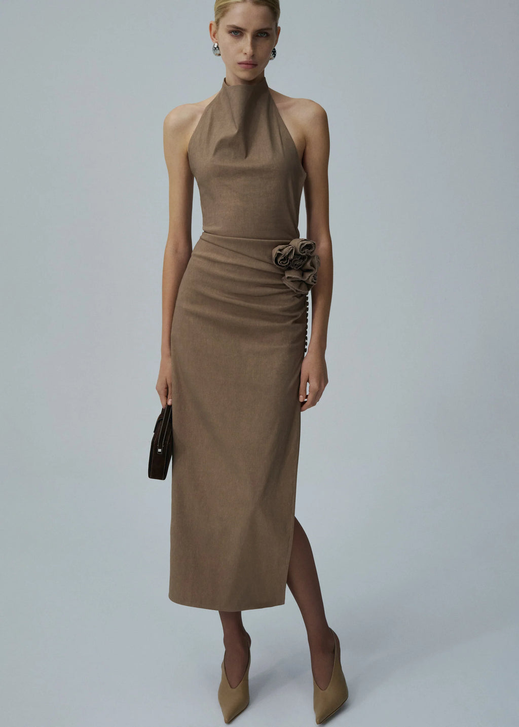 High Neck Floral Appliqué Midi Beige Dress