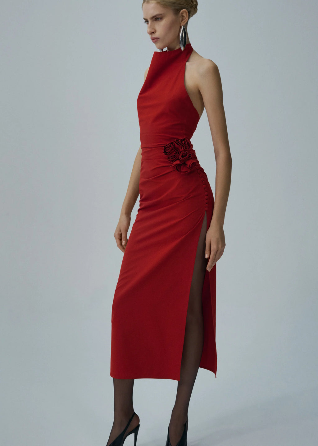 High Neck Floral Appliqué Midi Red Dress