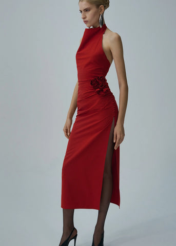 High Neck Floral Appliqué Midi Red Dress