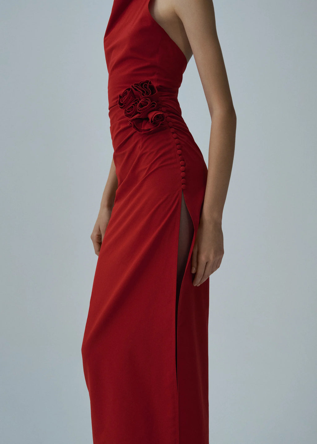 High Neck Floral Appliqué Midi Red Dress
