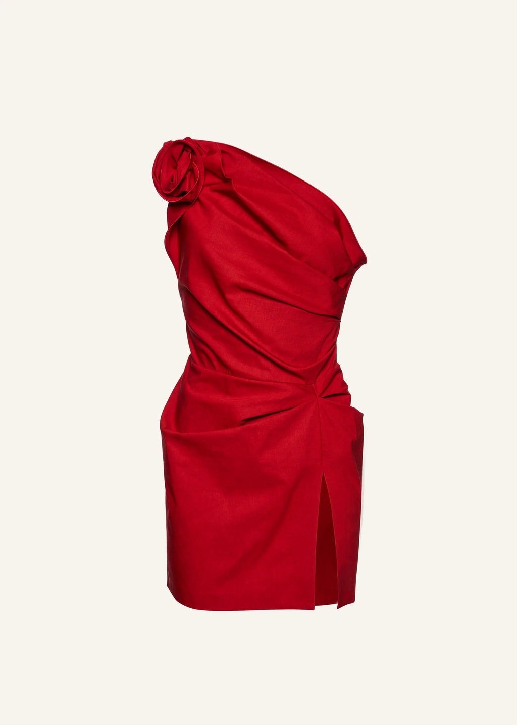 One Shoulder Ruched Linen Mini Red Dress