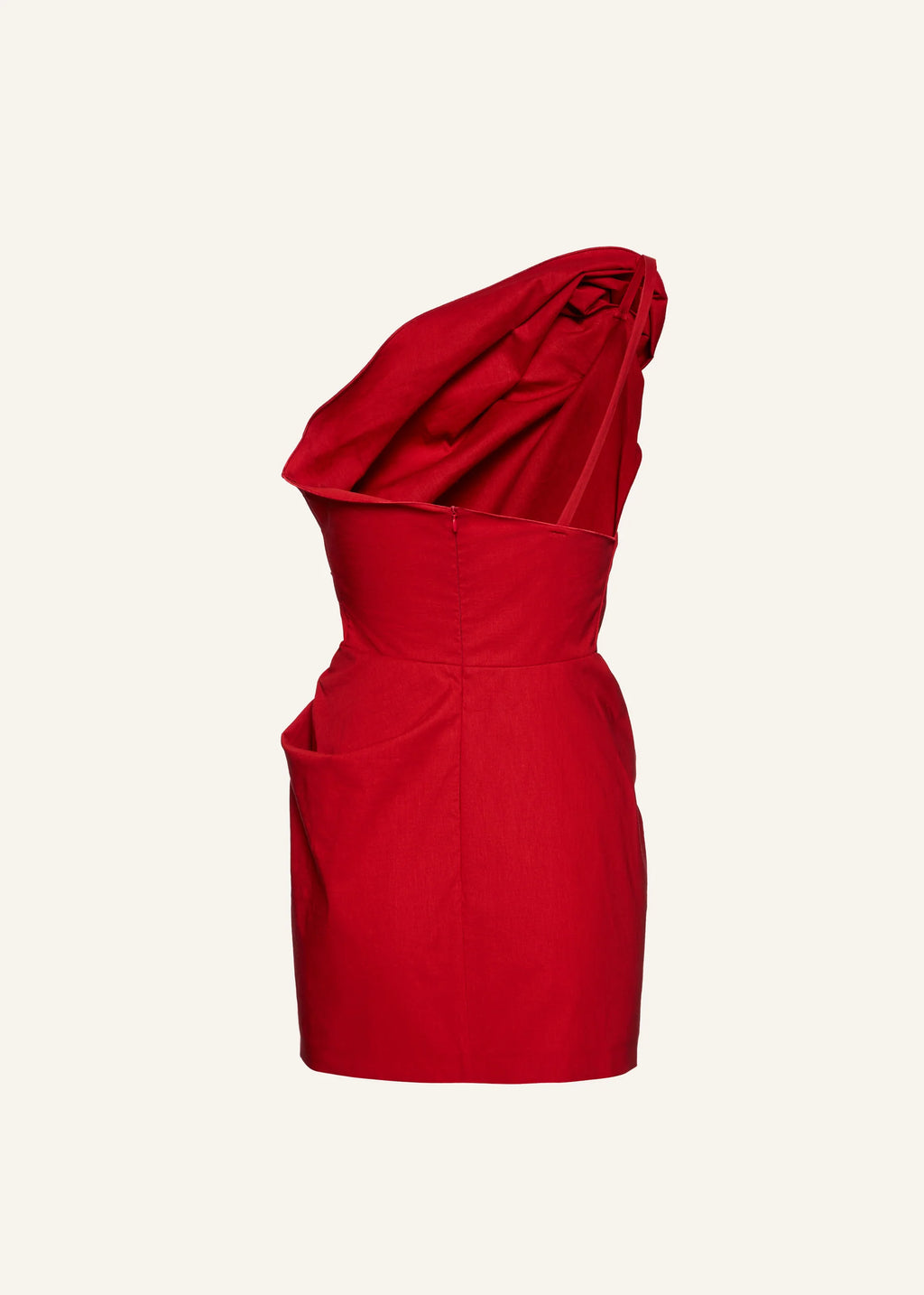 One Shoulder Ruched Linen Mini Red Dress
