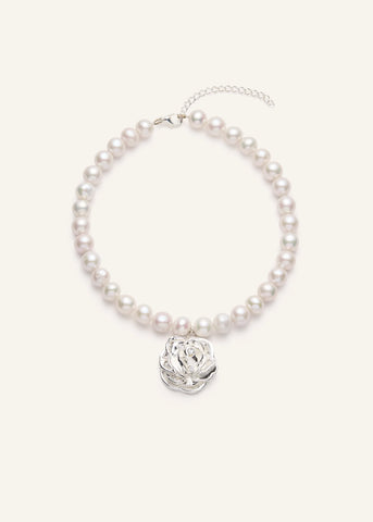 Pearl Necklace Silver Rose Pendant