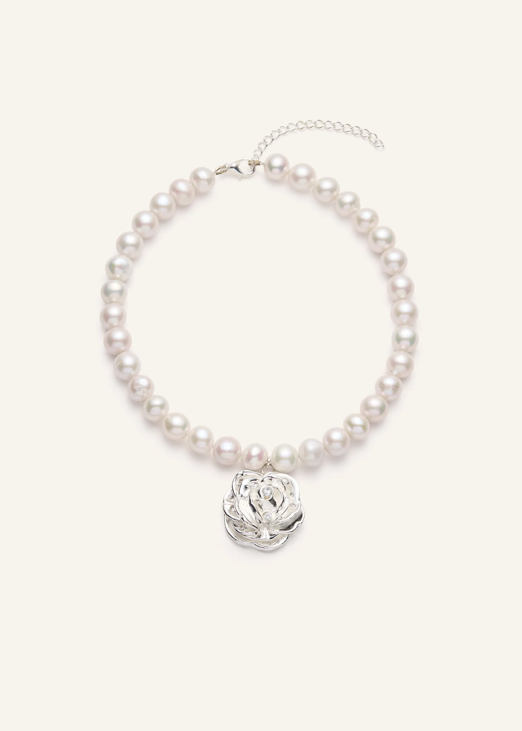Pearl Necklace Silver Rose Pendant