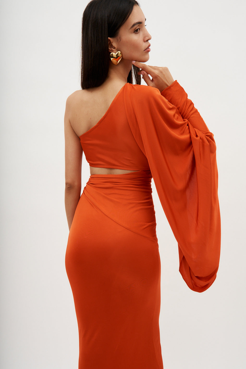 Asymmetric One Sleeve Orange Cut Out Dress - Désordre Boutique